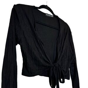 PrettyLittleThing Tie Front Jersey Long Sleeve Stretch Cropped Top Black Size 12